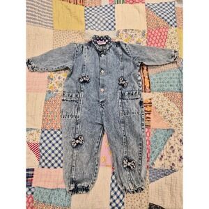 80's Vintage Rachels Kids Acid Wash Denim Jumpsuit 4T Polka Dot Bows Retro